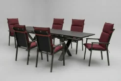 KETTLER BasicPlus Pro Garten-Essgruppe, anthrazit/bordeaux, Alu/Polyester/Spraystone, 180/280 x 100 cm, 6 Stapelsessel, Polster inklusive