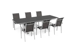 KETTLER BasicPlus Pro Garten-Essgruppe, silber/anthrazit, Alu/Textilene, ausziehbarer Tisch 180/280 x 100 cm, 6 Stapelsessel