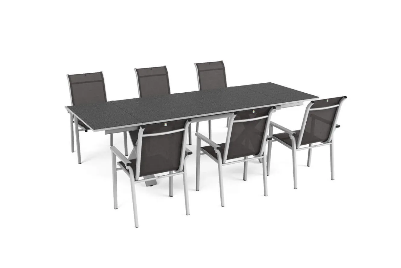 KETTLER BasicPlus Pro Garten-Essgruppe, silber/anthrazit, Alu/Textilene, ausziehbarer Tisch 180/280 x 100 cm, 6 Stapelsessel