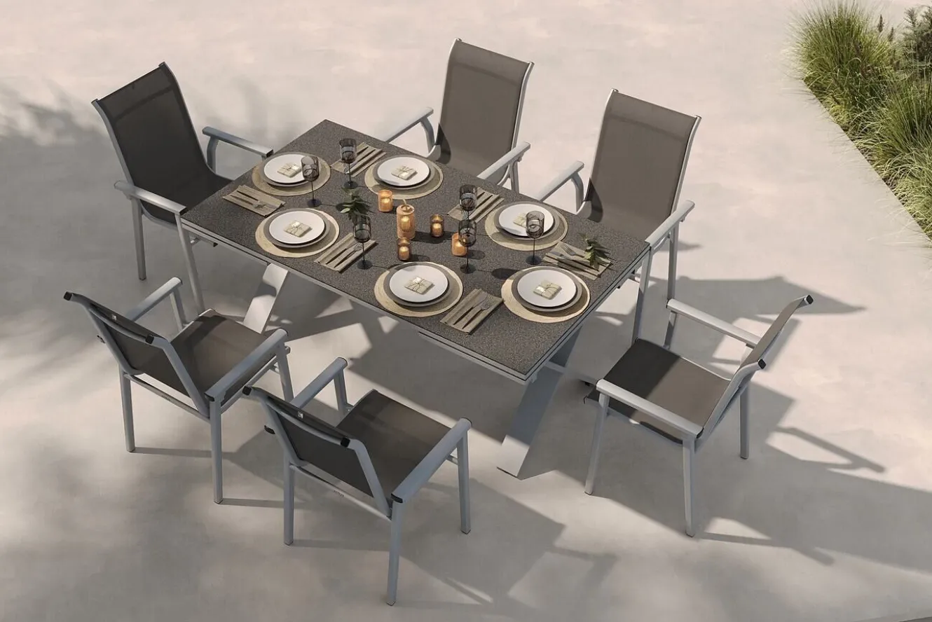 KETTLER BasicPlus Pro Garten-Essgruppe, silber/anthrazit, Alu/Textilene, ausziehbarer Tisch 180/280 x 100 cm, 6 Stapelsessel