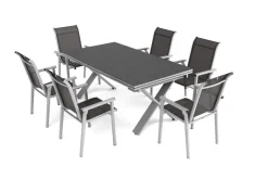 KETTLER BasicPlus Pro Garten-Essgruppe, silber/anthrazit, Alu/Textilene, ausziehbarer Tisch 180/280 x 100 cm, 6 Stapelsessel
