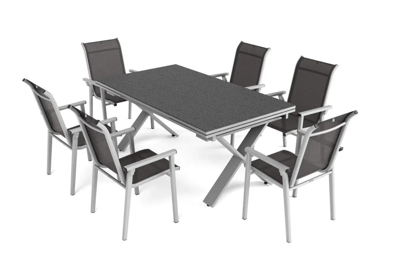 KETTLER BasicPlus Pro Garten-Essgruppe, silber/anthrazit, Alu/Textilene, ausziehbarer Tisch 180/280 x 100 cm, 6 Stapelsessel
