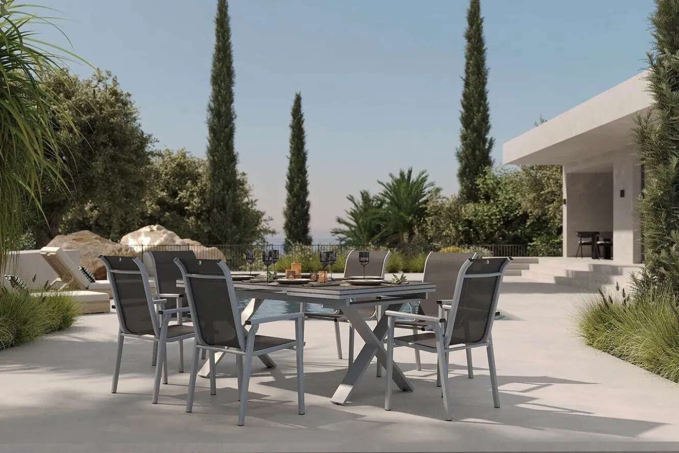 KETTLER BasicPlus Pro Garten-Essgruppe, silber/anthrazit, Alu/Textilene, ausziehbarer Tisch 180/280 x 100 cm, 6 Stapelsessel