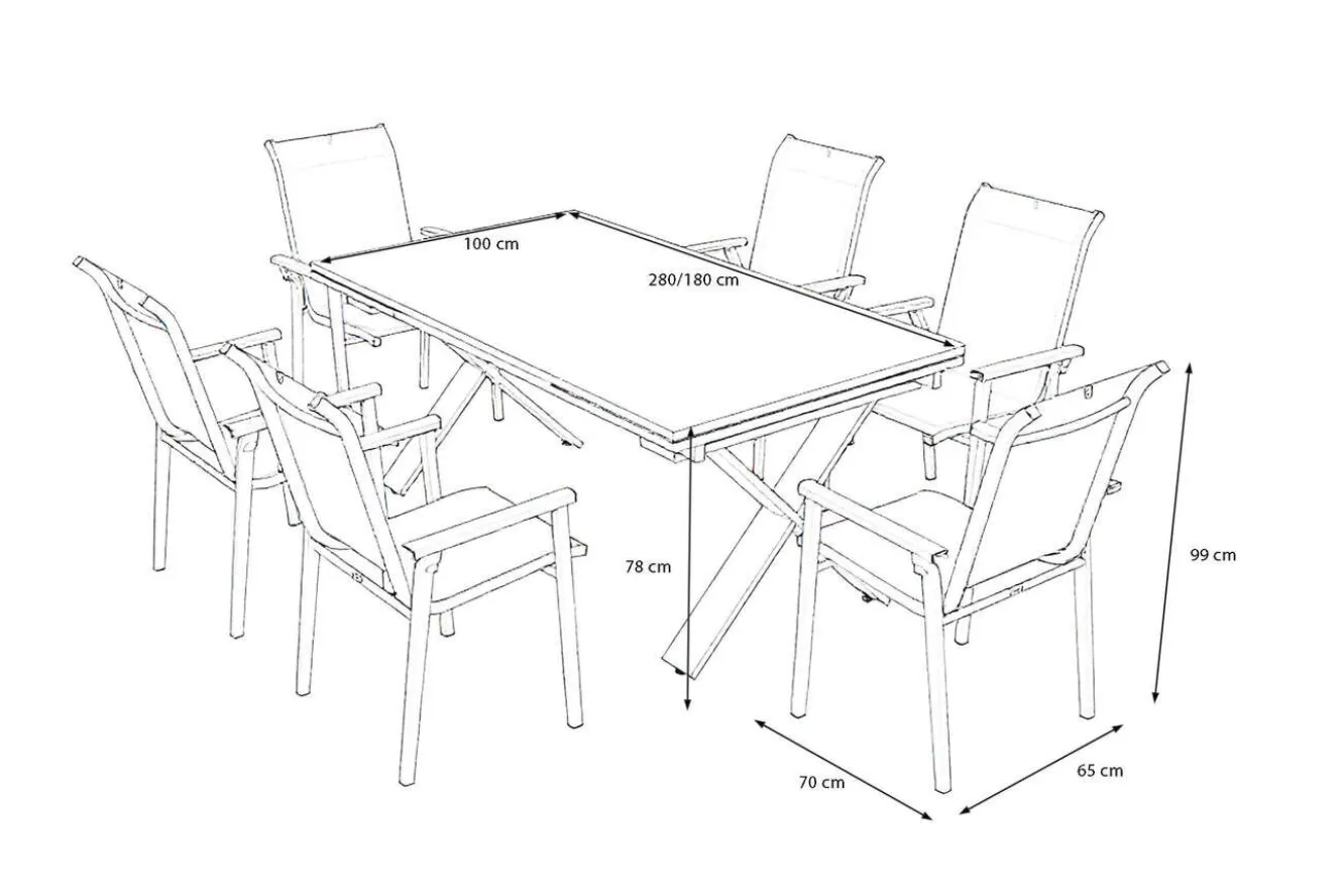 KETTLER BasicPlus Pro Garten-Essgruppe, silber/anthrazit, Alu/Textilene, ausziehbarer Tisch 180/280 x 100 cm, 6 Stapelsessel