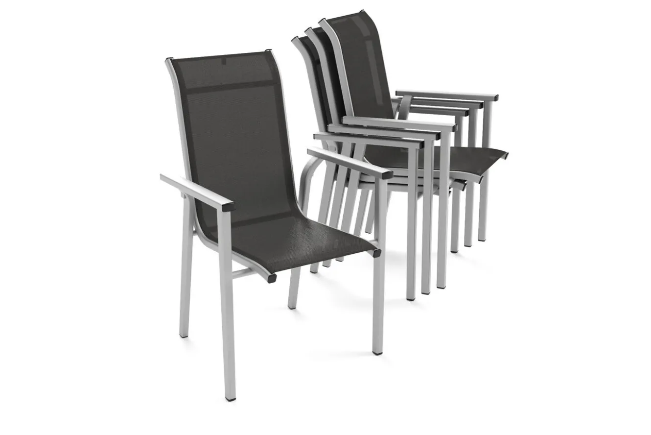KETTLER BasicPlus Pro Stapelsessel 4er-Set, silber/anthrazit, Aluminium/Textilene, 70 x 65 x 99 cm, stapelbar