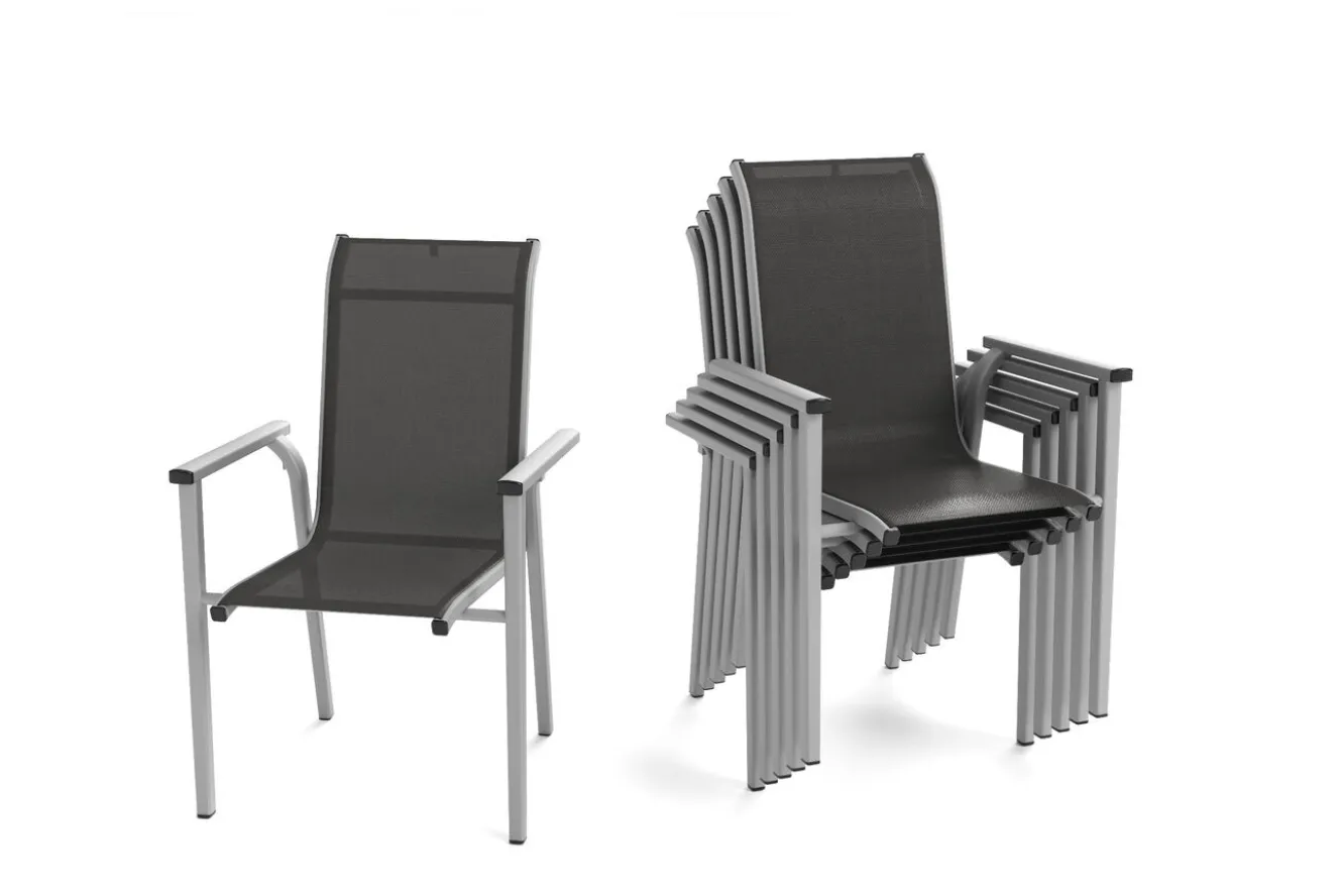 KETTLER BasicPlus Pro Stapelsessel 6er-Set, silber/anthrazit, Aluminium/Textilene, 70 x 65 x 99 cm, stapelbar