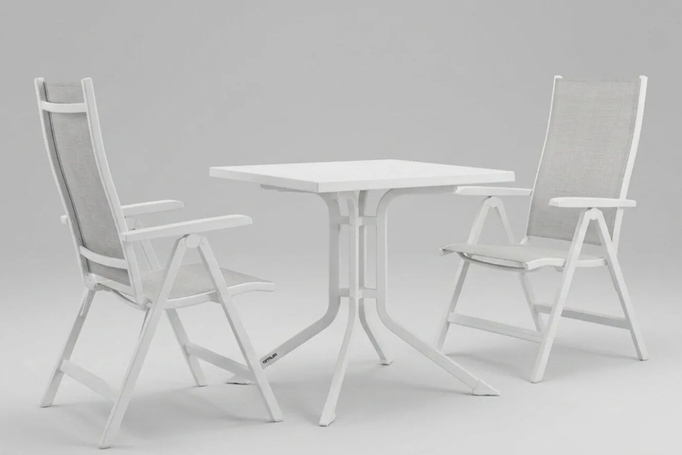 KETTLER Boulevard/BasicPlus Balkon-Set, weiß/hellgrau, Aluminium/KETTALUX, Tisch 70 x 70 cm, 2 Klappstühle, ergonomisch