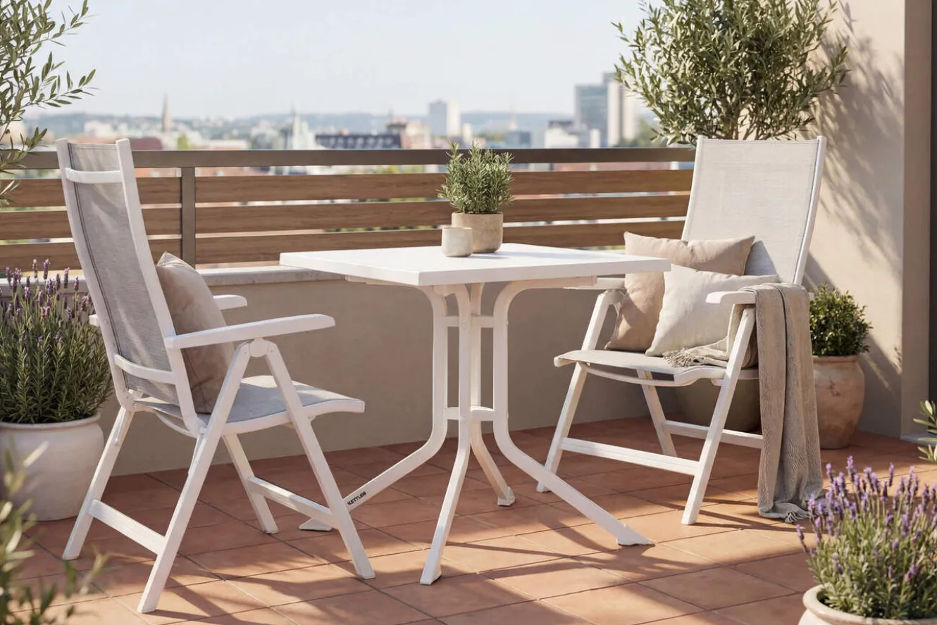 KETTLER Boulevard/BasicPlus Balkon-Set, weiß/hellgrau, Aluminium/KETTALUX, Tisch 70 x 70 cm, 2 Klappstühle, ergonomisch