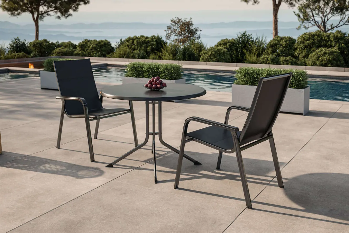 KETTLER Boulevard/Basic Plus Balkon-Set mit 2 Stapelsesseln, anthrazit, Alu/Kettalux, Klapptisch Ø100 cm