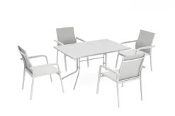 KETTLER Boulevard/Basic Plus Gartenessgruppe, weiß/hellgrau, Aluminium, Klapptisch 140 x 95 cm, 4 Stapelsessel