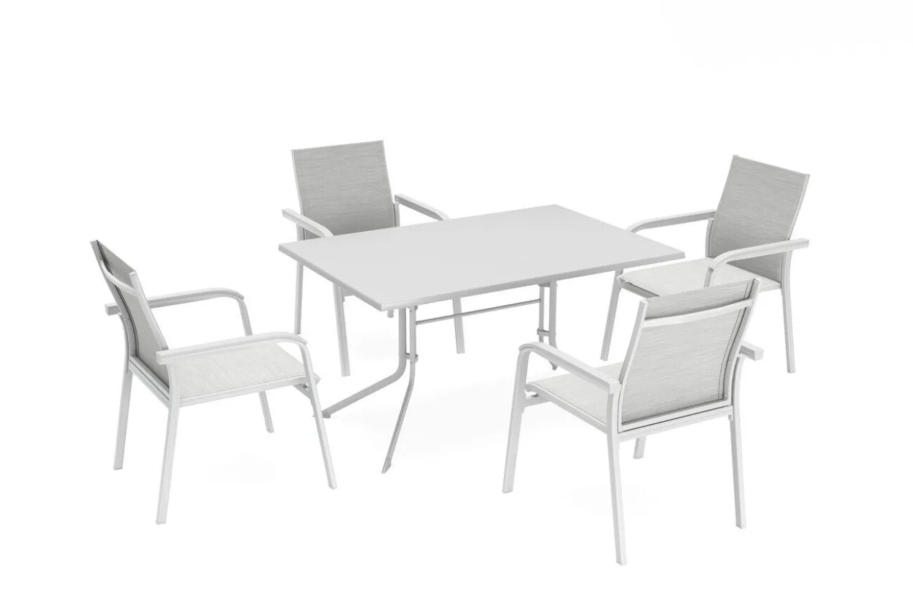 KETTLER Boulevard/Basic Plus Gartenessgruppe, weiß/hellgrau, Aluminium, Klapptisch 140 x 95 cm, 4 Stapelsessel