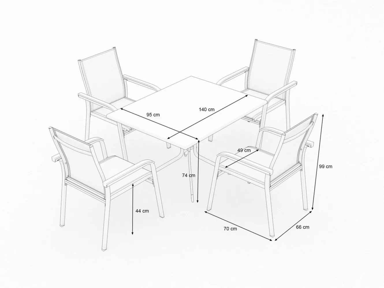 KETTLER Boulevard/Basic Plus Gartenessgruppe, weiß/hellgrau, Aluminium, Klapptisch 140 x 95 cm, 4 Stapelsessel
