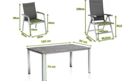KETTLER Cubic/Basic Plus Garten-Essgruppe, silber/anthrazit, Alu/Textilene, Tisch 160 x 90 cm, 4 Stapelsessel, 2 Klappstühle