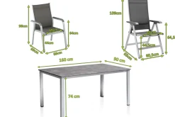 KETTLER Cubic/Basic Plus Garten-Essgruppe, silber/anthrazit, Alu/Textilene, Tisch 160 x 90 cm, 4 Stapelsessel, 2 Klappstühle