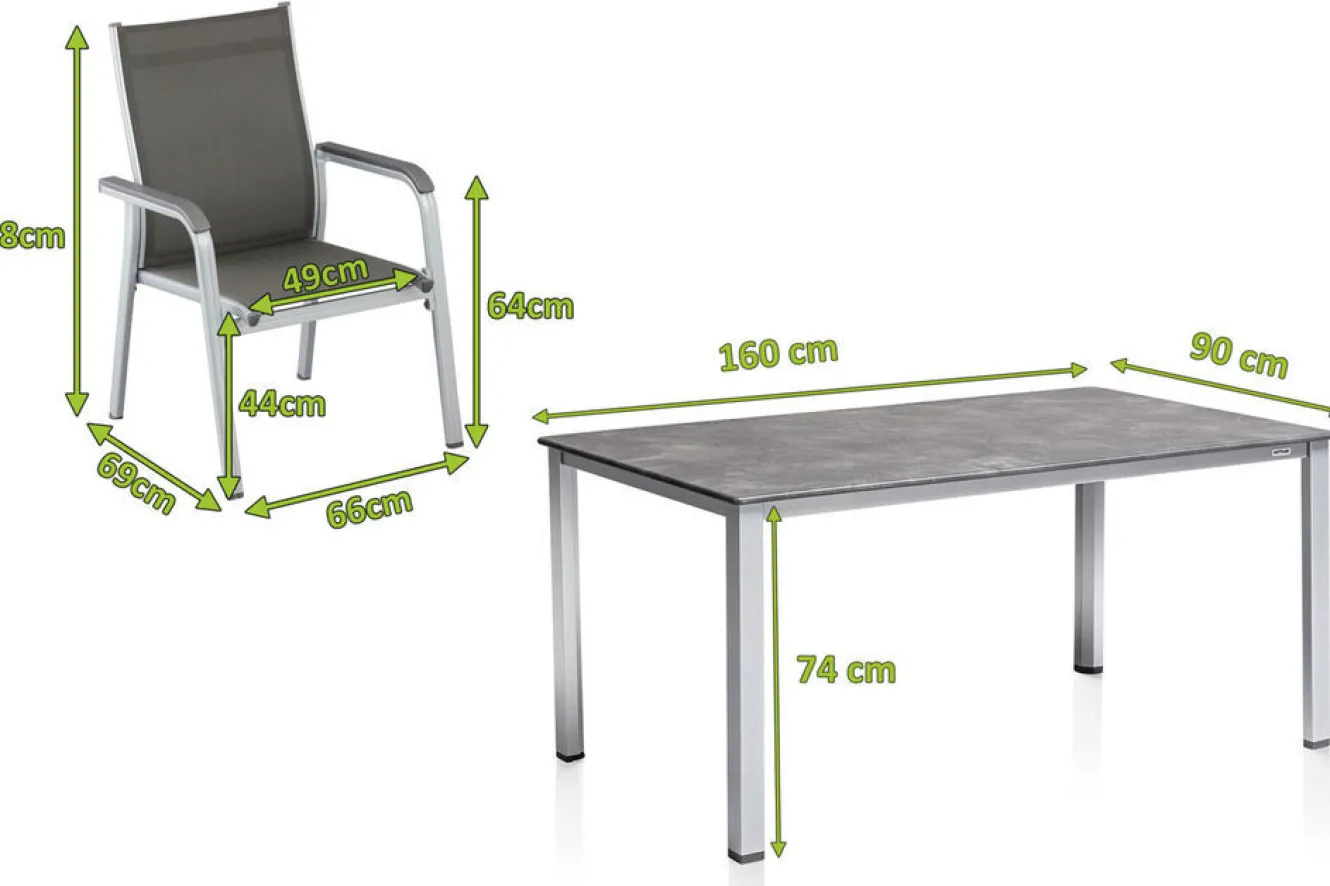 KETTLER Cubic/Basic Plus Garten-Essgruppe, silber/anthrazit, Alu/Textilene, Tisch 160x90 cm, 4 Stapelsessel