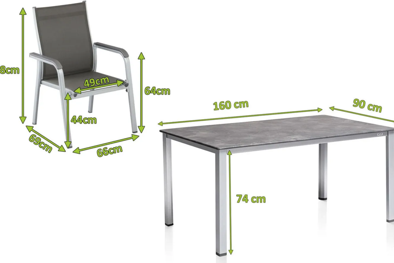KETTLER Cubic/Basic Plus Garten-Essgruppe, silber/anthrazit, Alu/Textilene, Tisch 160x90 cm, 4 Stapelsessel