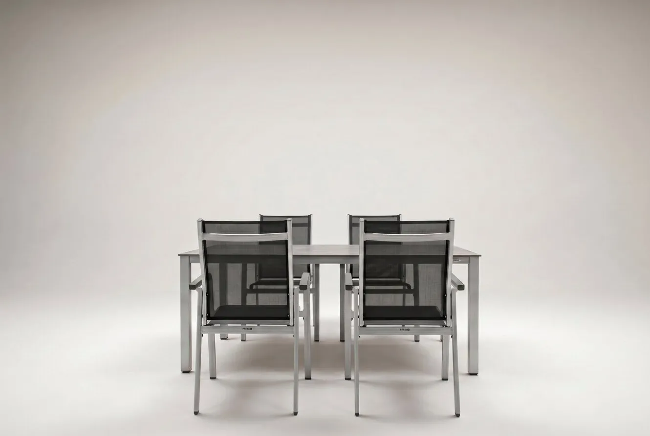 KETTLER Cubic/Basic Plus Garten-Essgruppe, silber/anthrazit, Alu/Textilene, Tisch 160x90 cm, 4 Stapelsessel