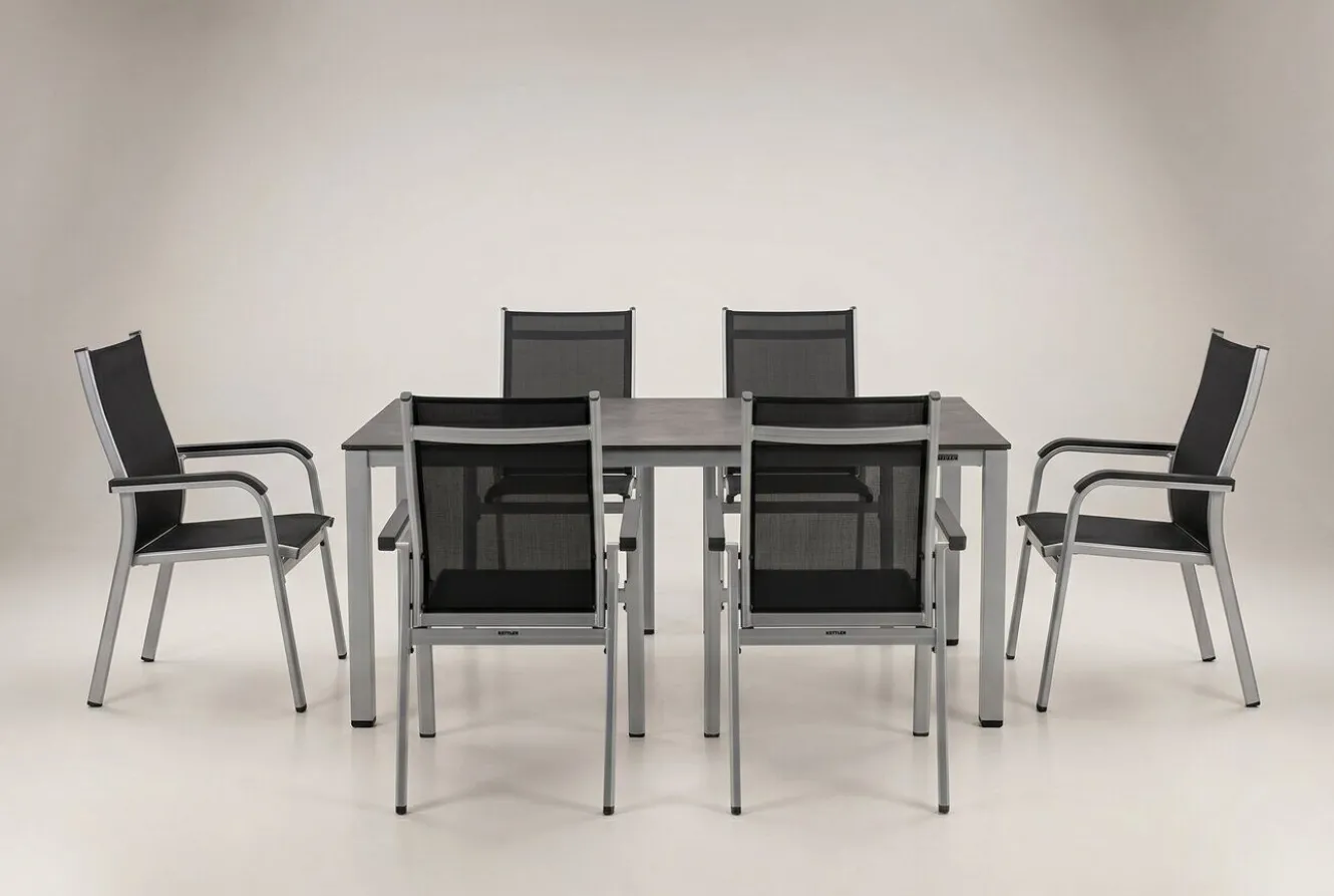 KETTLER Cubic/Basic Plus Garten-Essgruppe, silber/anthrazit, Alu/Textilene, Tisch 160x90 cm, 6 Stapelsessel