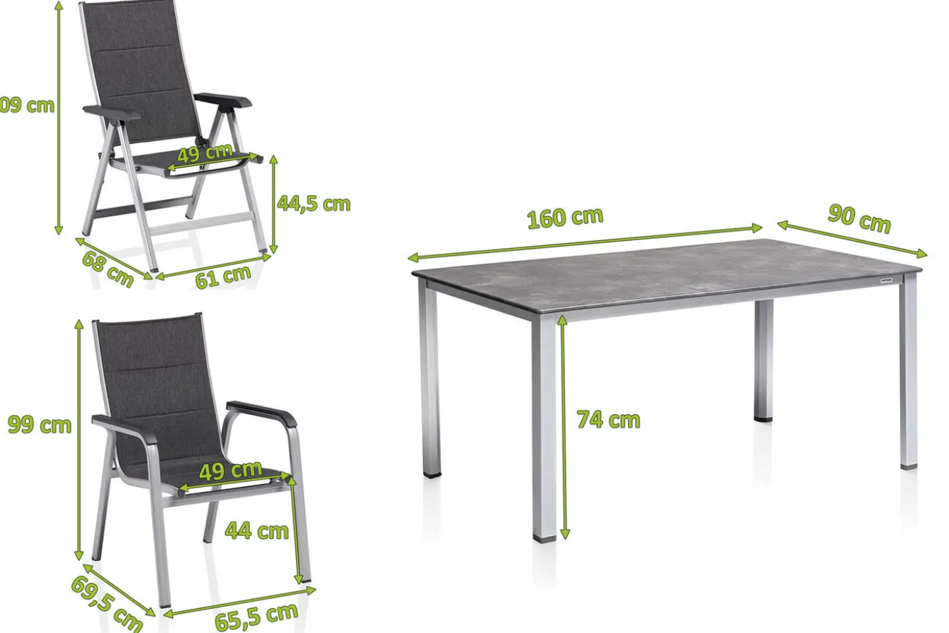 KETTLER Cubic/ Basic Plus Padded Garten-Essgruppe, silber/anthrazit, Alu/Textilene, Tisch 160x90 cm, 4 Stapelsessel, 2 Klappstühle, gepolstert