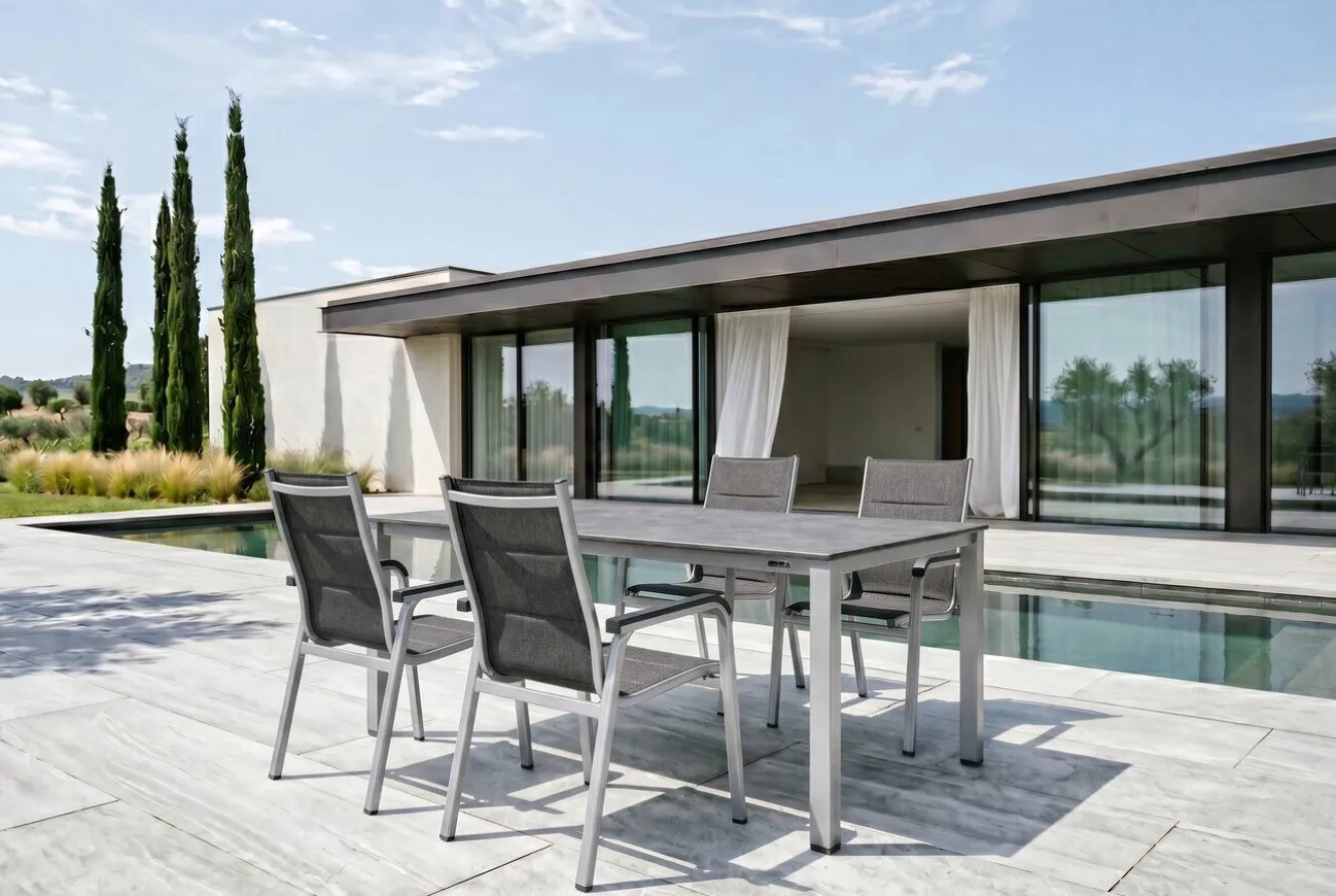 KETTLER Cubic/ Basic Plus Padded Garten-Essgruppe, silber/anthrazit, Alu/Textilene, Tisch 160x90 cm, 4 Stapelsessel