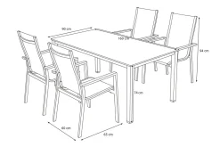 KETTLER Cubic Garten-Essgruppe, silber/anthrazit/grau, Alu/Textilene, Tisch 160x90 cm, 4 Stapelsessel