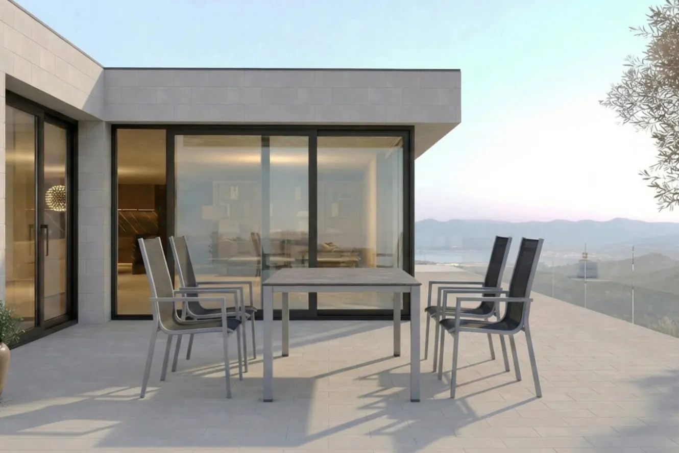 KETTLER Cubic Garten-Essgruppe, silber/anthrazit/grau, Alu/Textilene, Tisch 160x90 cm, 4 Stapelsessel