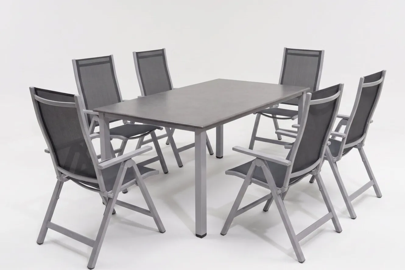 KETTLER Cubic Garten-Essgruppe, silber/anthrazit/grau, Alu/Textilene, Tisch 160 x 90 cm, 6 Klappstühle