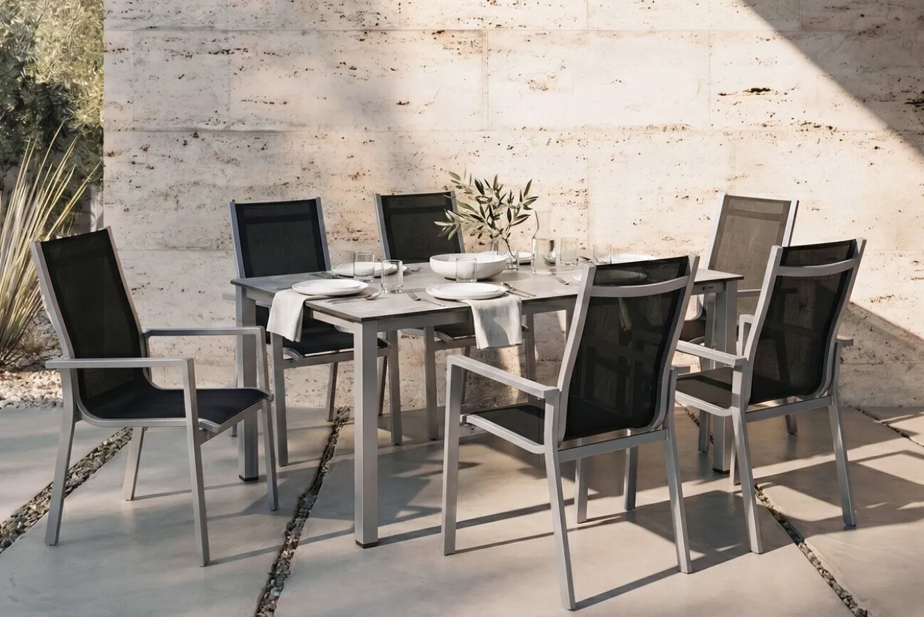 KETTLER Cubic Garten-Essgruppe, silber/anthrazit/grau, Alu/Textilene, Tisch 160x90 cm, 6 Stapelsessel