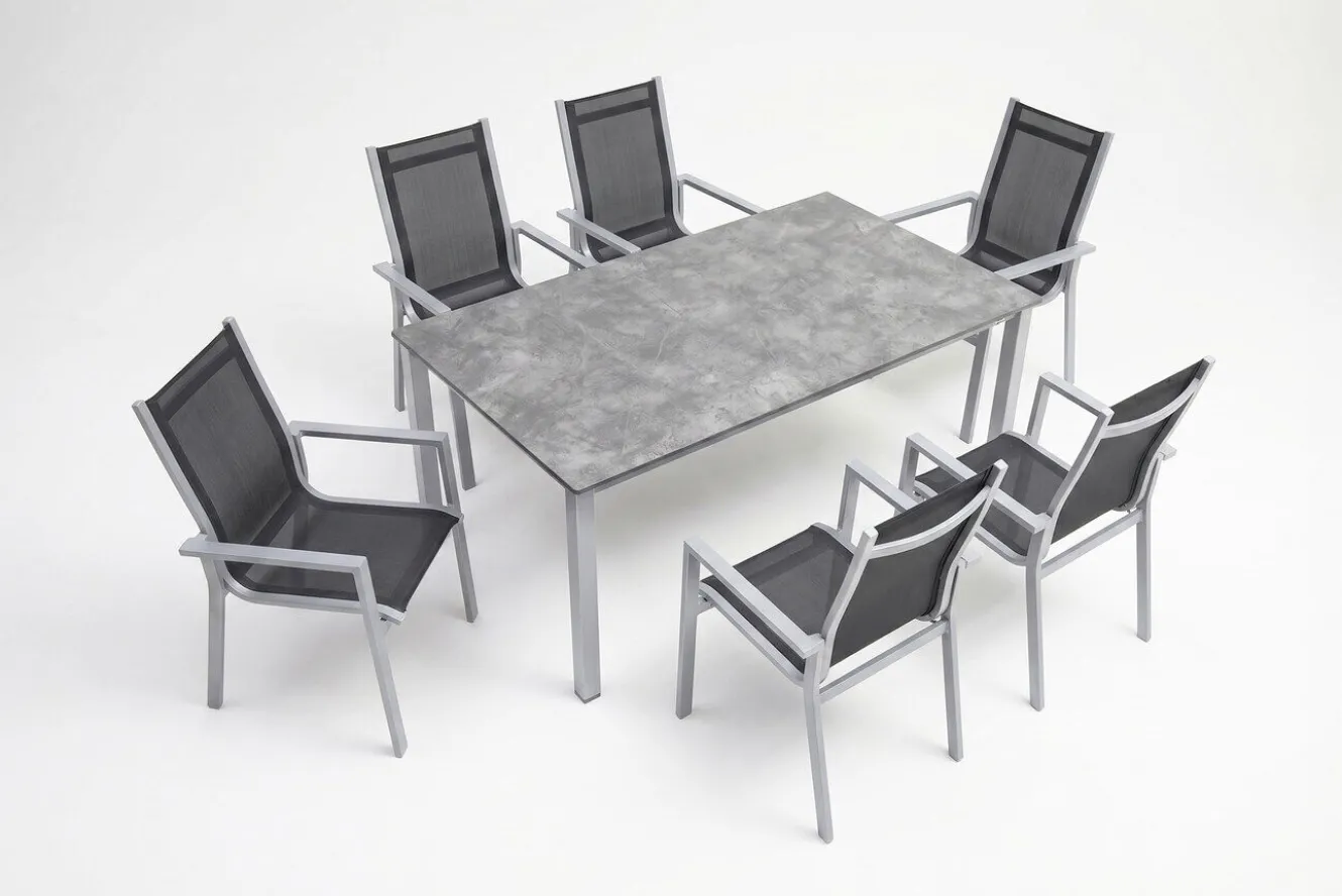 KETTLER Cubic Garten-Essgruppe, silber/anthrazit/grau, Alu/Textilene, Tisch 160x90 cm, 6 Stapelsessel