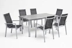 KETTLER Cubic Garten-Essgruppe, silber/anthrazit/grau, Alu/Textilene, Tisch 160x90 cm, 6 Stapelsessel