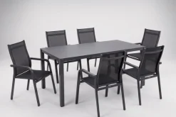 Kettler Esstischgruppe, anthrazit/anthrazit, Kettalux-Plus Dining-Tisch 160x95cm, 6 Stapelsessel BasicPlus