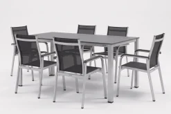 Kettler Esstischgruppe, silber/anthrazit, Kettalux-Plus Dining-Tisch 160x95cm, 6 Stapelsessel BasicPlus