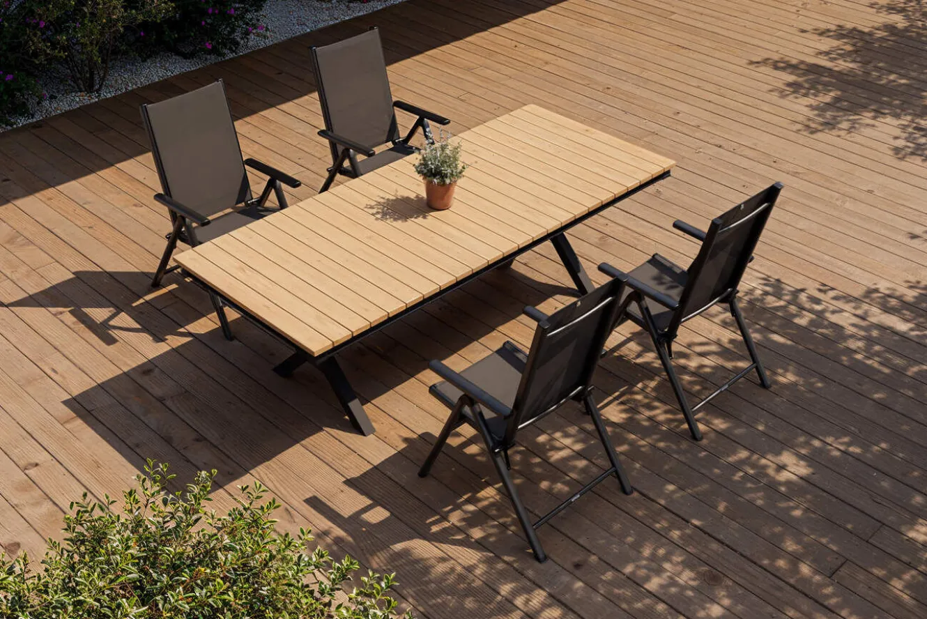 KETTLER Exklusivmodell BasicPlus Pro, Garten-Essgruppe mit LED-Beleuchtung, anthrazit/natur, Alu/Holzimitat, 240 x 100 cm, 4 Klappstühle
