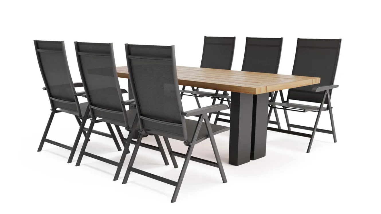 KETTLER Garten-Essgruppe, anthrazit/natur, Alu/Teak, Tisch ca. 220 x 100 cm, wetterfest, pflegeleicht, robust, 6 Klappstühle