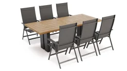 KETTLER Garten-Essgruppe, anthrazit/natur, Alu/Teak, Tisch ca. 220 x 100 cm, wetterfest, pflegeleicht, robust, 6 Klappstühle