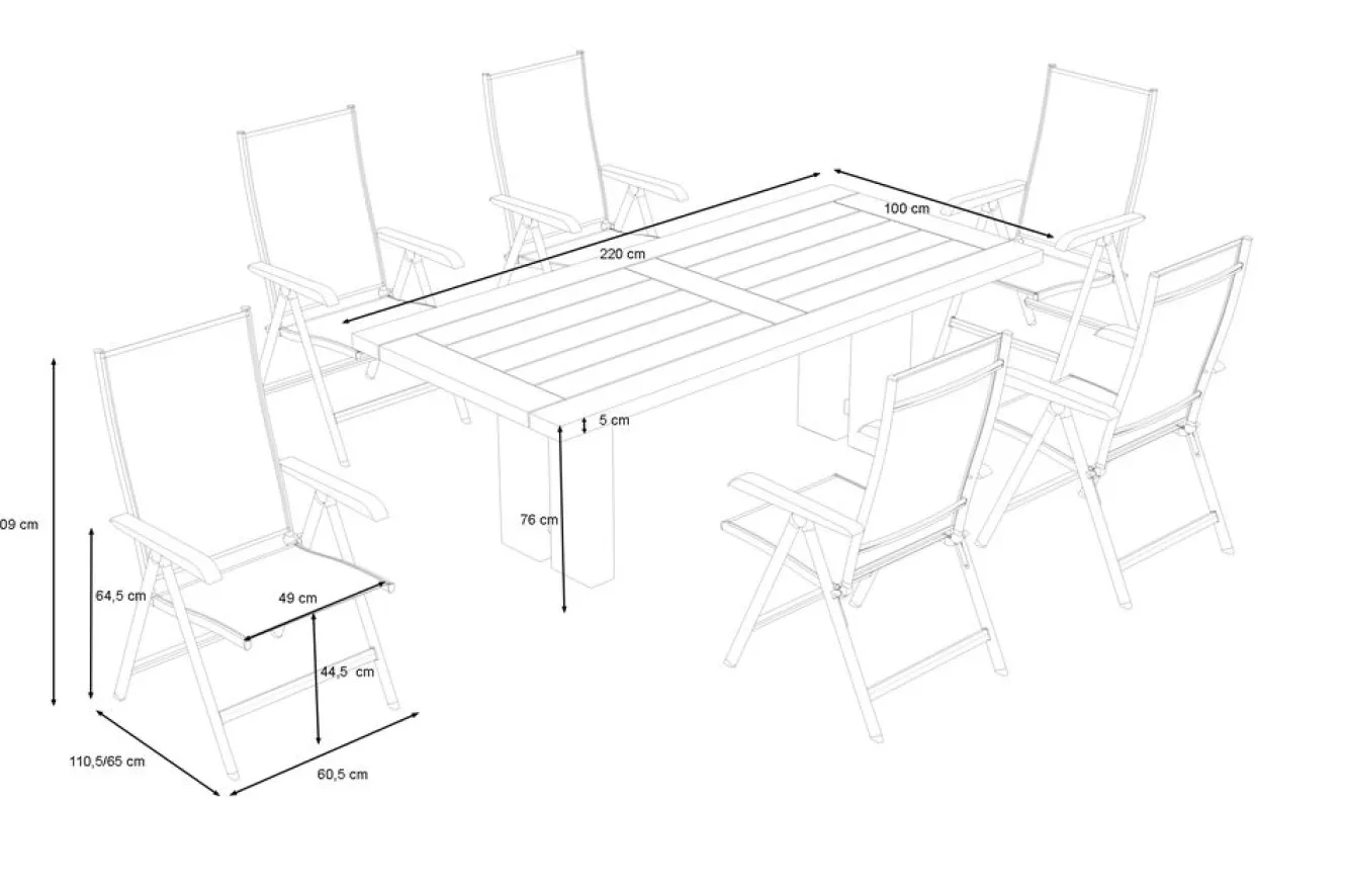 KETTLER Garten-Essgruppe, anthrazit/natur, Alu/Teak, Tisch ca. 220 x 100 cm, wetterfest, pflegeleicht, robust, 6 Klappstühle