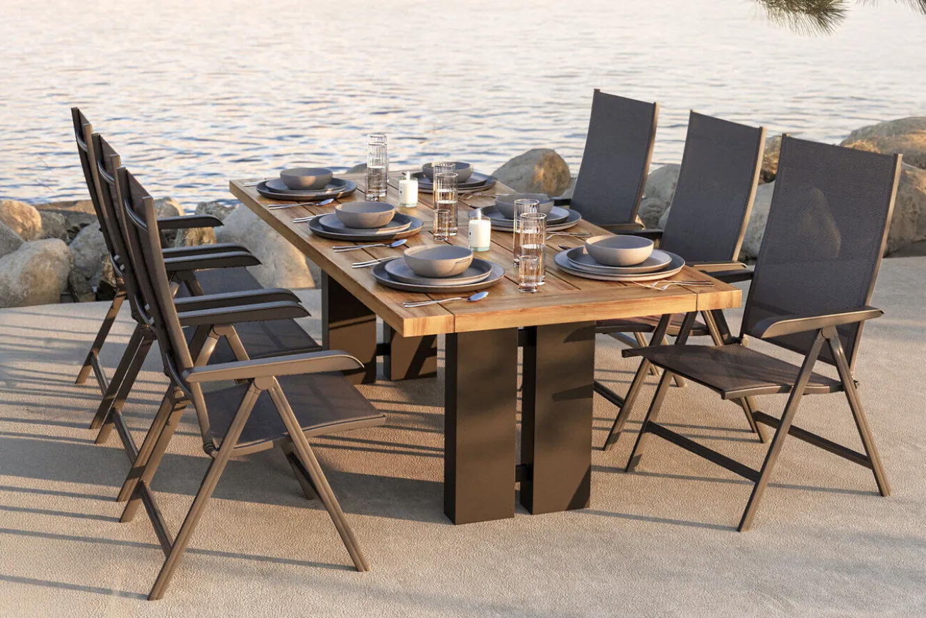 KETTLER Garten-Essgruppe, anthrazit/natur, Alu/Teak, Tisch ca. 220 x 100 cm, wetterfest, pflegeleicht, robust, 6 Klappstühle