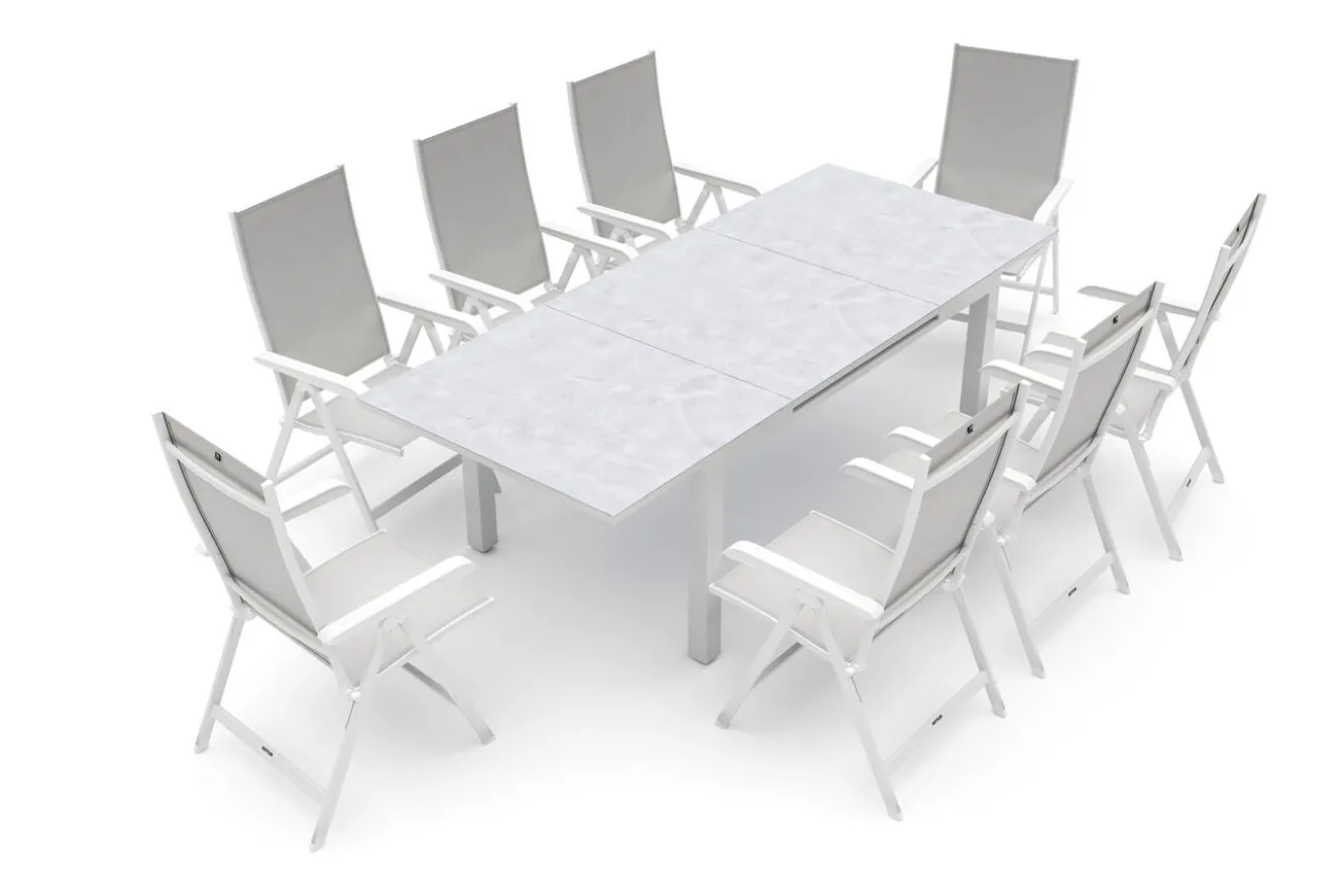 KETTLER Garten-Essgruppe, hellgrau/weiß, Aluminium/Outdoorgewebe, Ausziehbar 180/240 x 100 cm, 8 Klappstühle