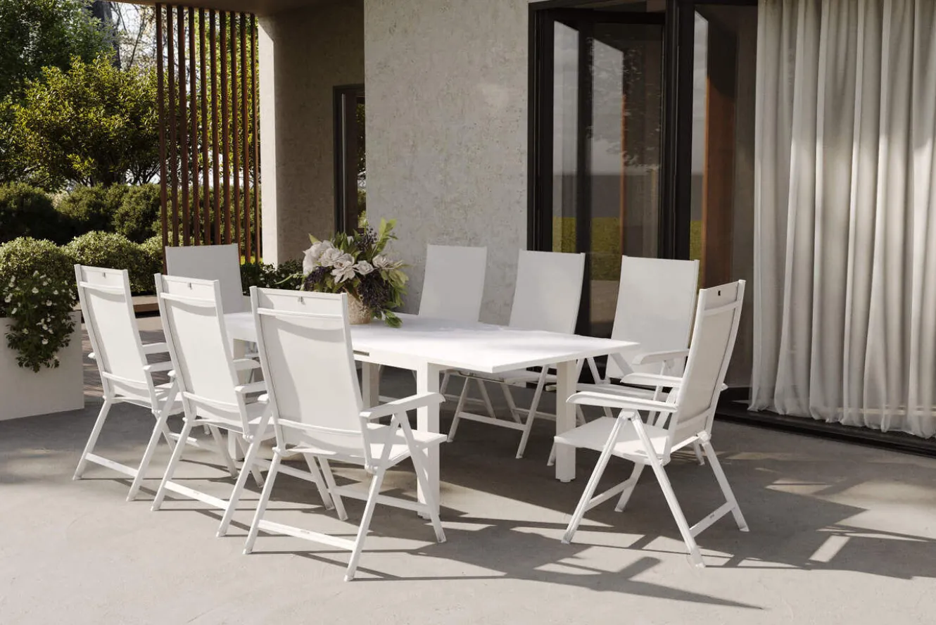 KETTLER Garten-Essgruppe, hellgrau/weiß, Aluminium/Outdoorgewebe, Ausziehbar 180/240 x 100 cm, 8 Klappstühle