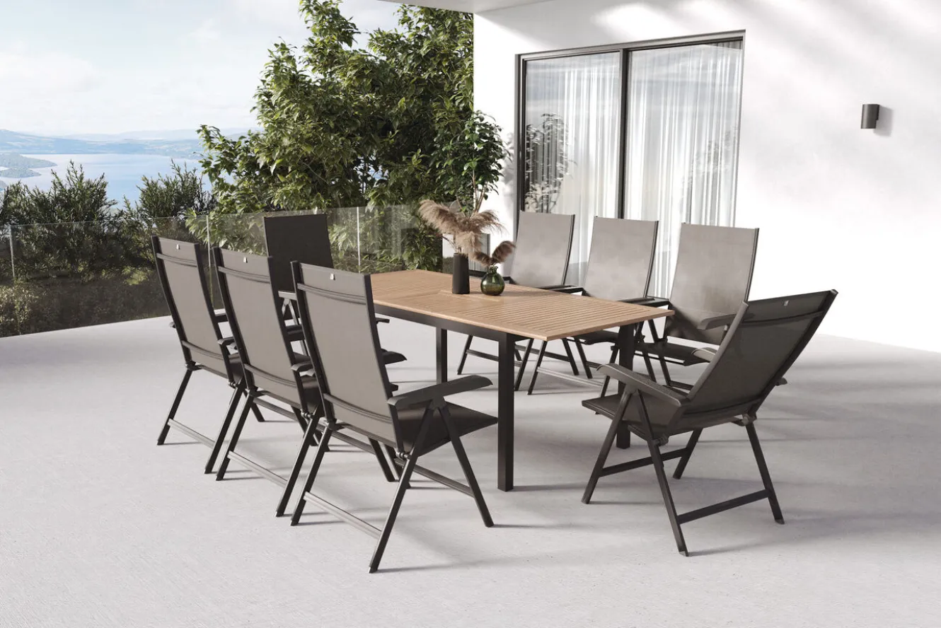 KETTLER Garten-Essgruppe mit 8 Sesseln, anthrazit/natur, Alu/Textilene, ausziehbar & klappbar, UV-Beständig, witterungsbeständig