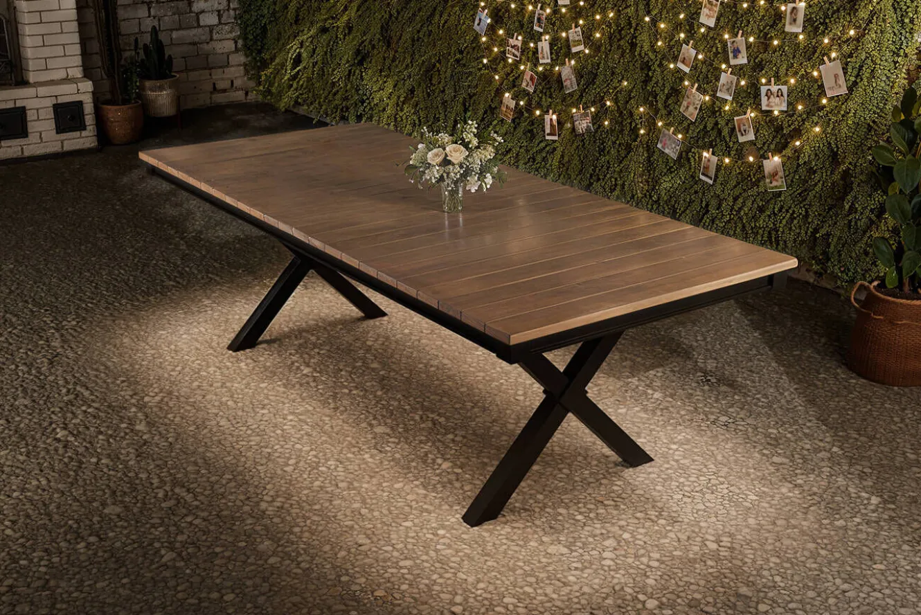 KETTLER Garten-Essgruppe mit LED-Beleuchtung, anthrazit/natur, Aluminium/Holzimitat/Textilene, 240 x 100 cm Tisch, 6 Klappstühle