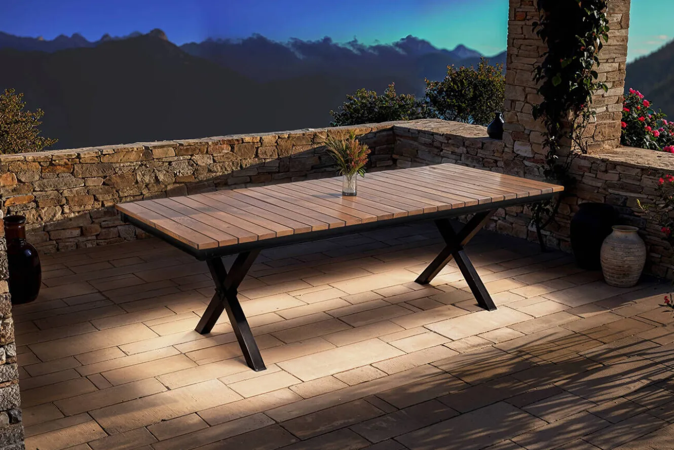 KETTLER Garten-Essgruppe mit LED-Beleuchtung, anthrazit/natur, Aluminium/Holzimitat/Textilene, 240 x 100 cm Tisch, 6 Klappstühle