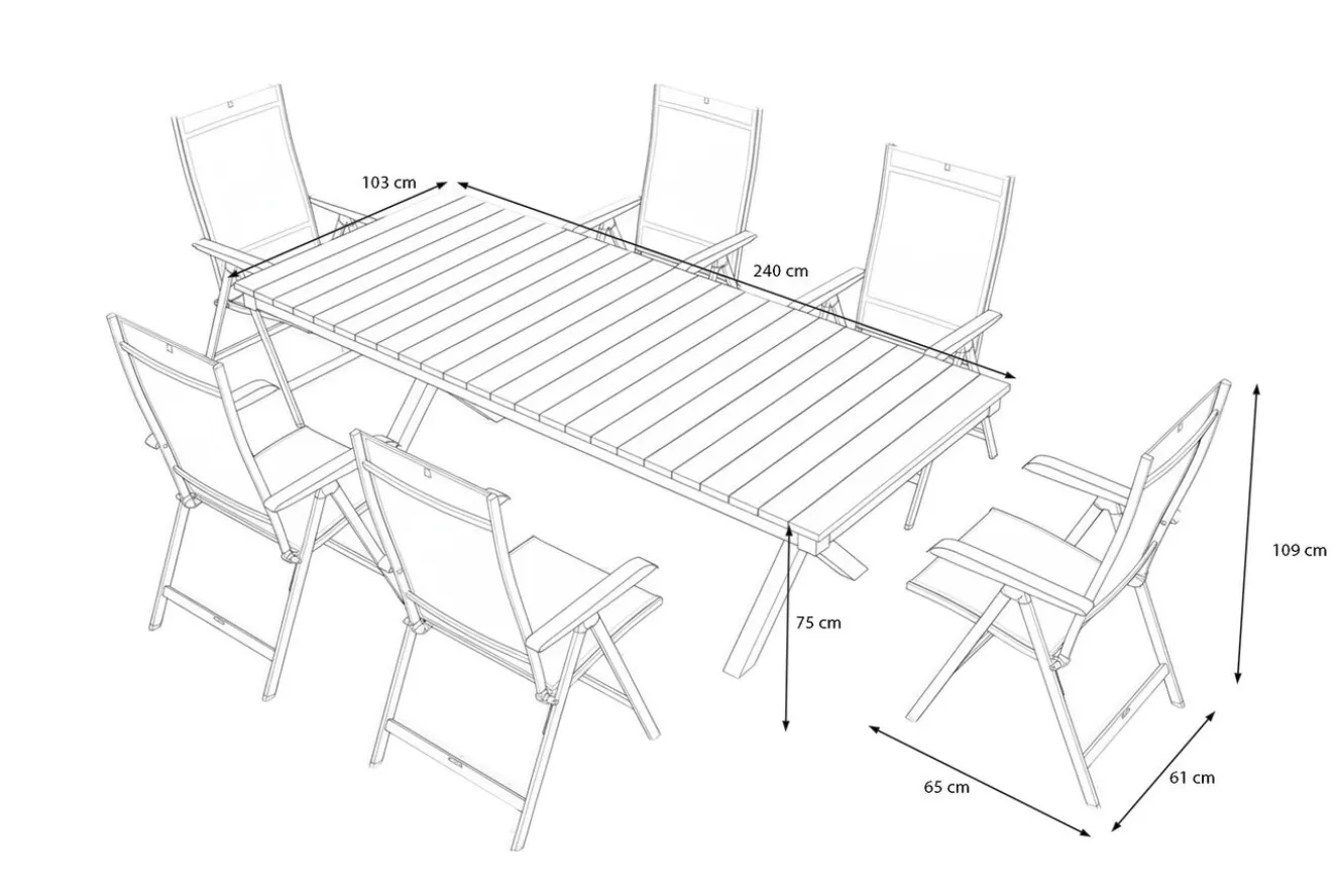KETTLER Garten-Essgruppe mit LED-Beleuchtung, anthrazit/natur, Aluminium/Holzimitat/Textilene, 240 x 100 cm Tisch, 6 Klappstühle