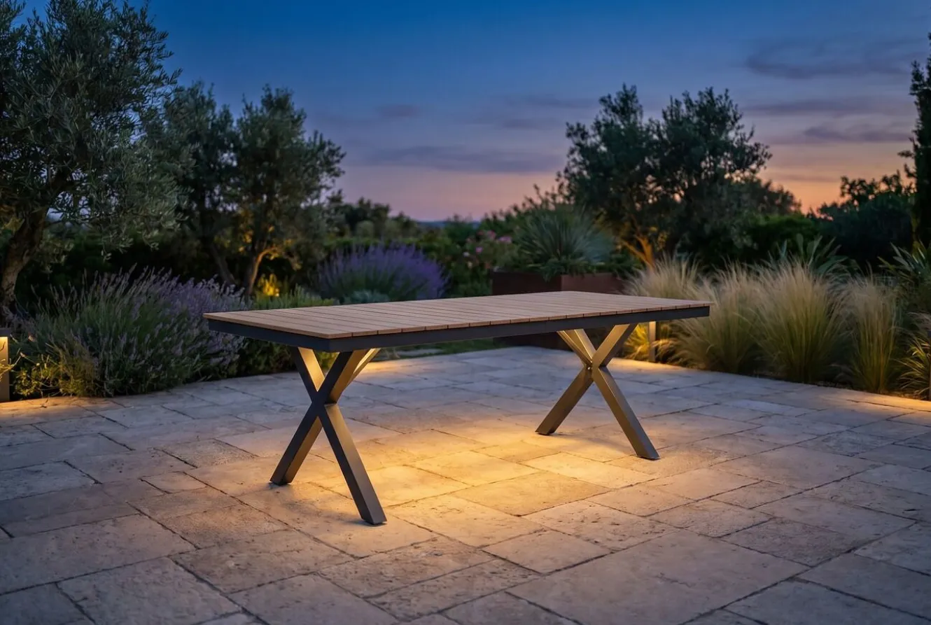 KETTLER Garten-Essgruppe mit LED-Beleuchtung, anthrazit/natur, Aluminium/Holzimitat/Textilene, 240 x 100 cm Tisch, 6 Klappstühle