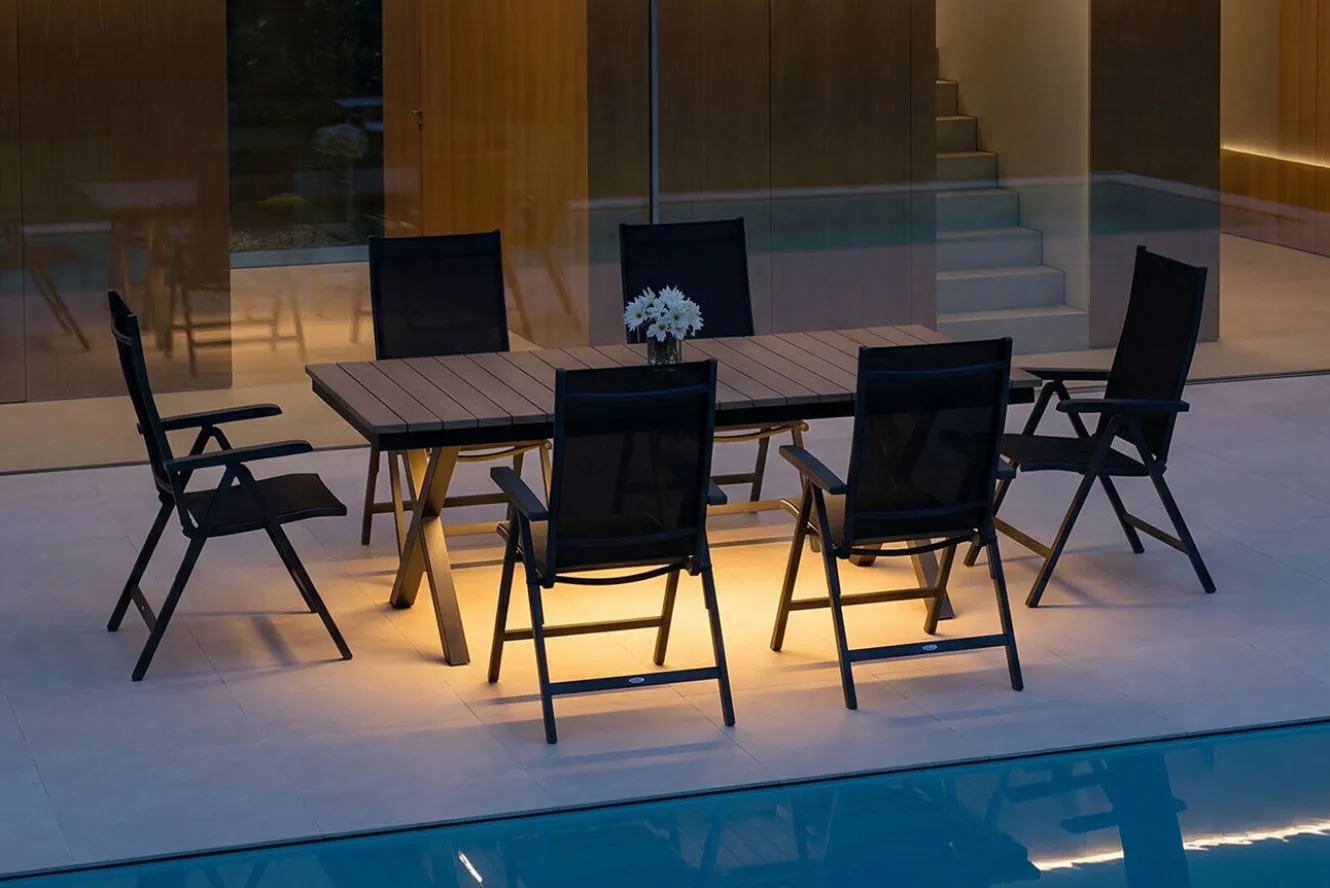 KETTLER Garten-Essgruppe mit LED-Beleuchtung, anthrazit/natur, Aluminium/Holzimitat/Textilene, 240 x 100 cm Tisch, 6 Klappstühle