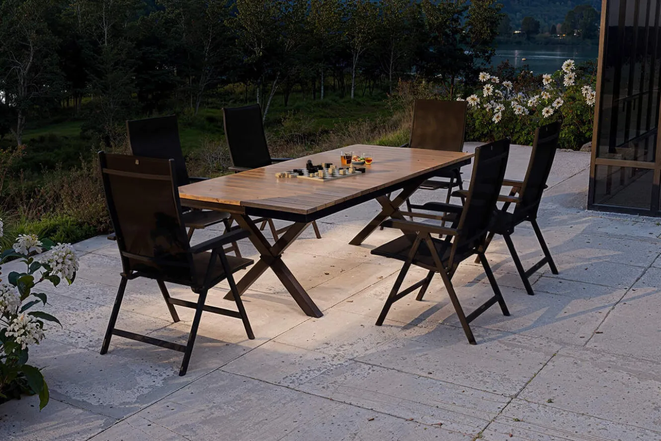KETTLER Garten-Essgruppe mit LED-Beleuchtung, anthrazit/natur, Aluminium/Holzimitat/Textilene, 240 x 100 cm Tisch, 6 Klappstühle