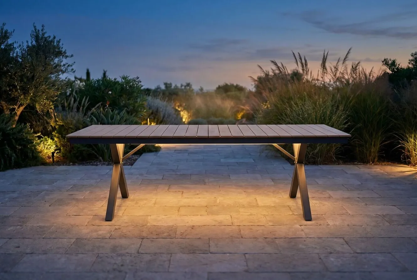 KETTLER Garten-Essgruppe mit LED-Beleuchtung, anthrazit/natur, Aluminium/Holzimitat/Textilene, 240 x 100 cm Tisch, 6 Klappstühle