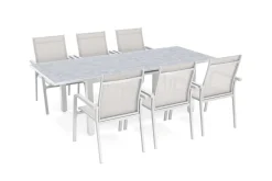 KETTLER Garten-Essgruppe mit 6 Stapelsesseln, weiß matt/hellgrau, Alu/Outdoorgewebe, Ausziehtisch 180/240 x 100 cm Tisch