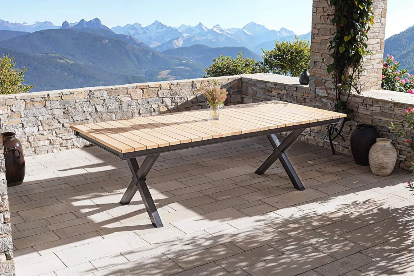 KETTLER Garten-Essgruppe mit LED-Beleuchtung, anthrazit/natur, Aluminium/Holzimitat/Textilene, 240 x 100 cm Tisch, 4 Klappstühle