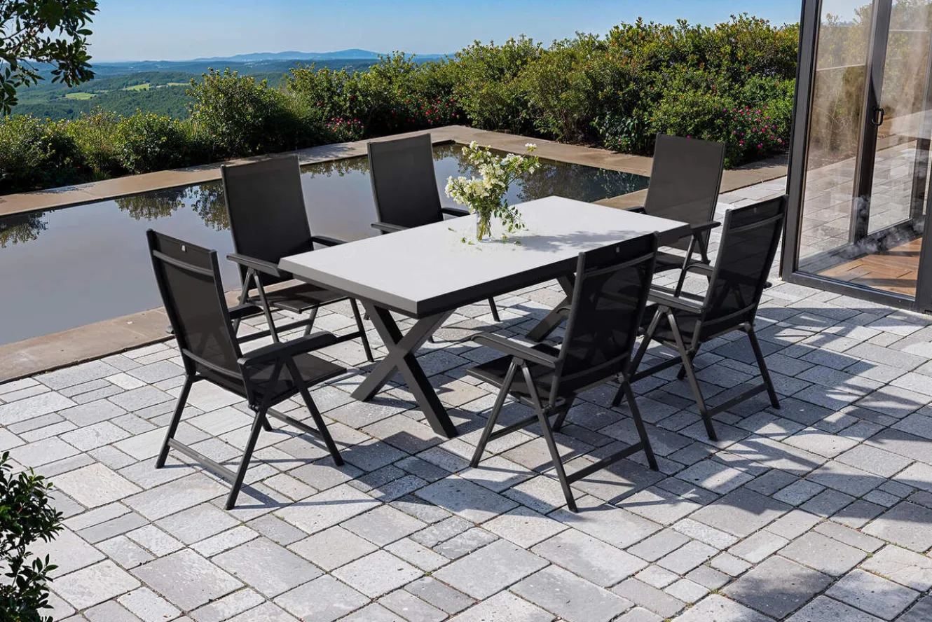 KETTLER Garten-Essgruppe mit 6 Klappstühlen, schwarz/grau/anthrazit, Aluminium/Steinimitat/Textilene, 200/260 x 100 cm